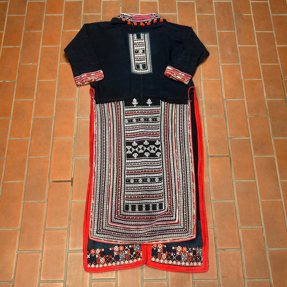 Vintage Hmong Tribal Robe Coat Indigo Hand Embroidered Long Duster Jacket Black - Picture 2 of 6